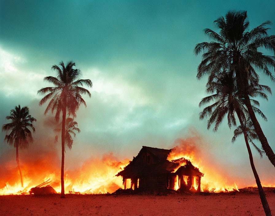 Burning house at dusk with palm trees in smoke-filled sky