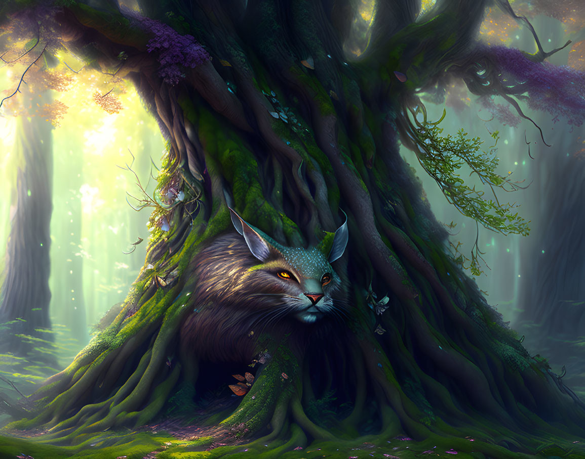 Mystical forest scene with large tree and mythical cat creature