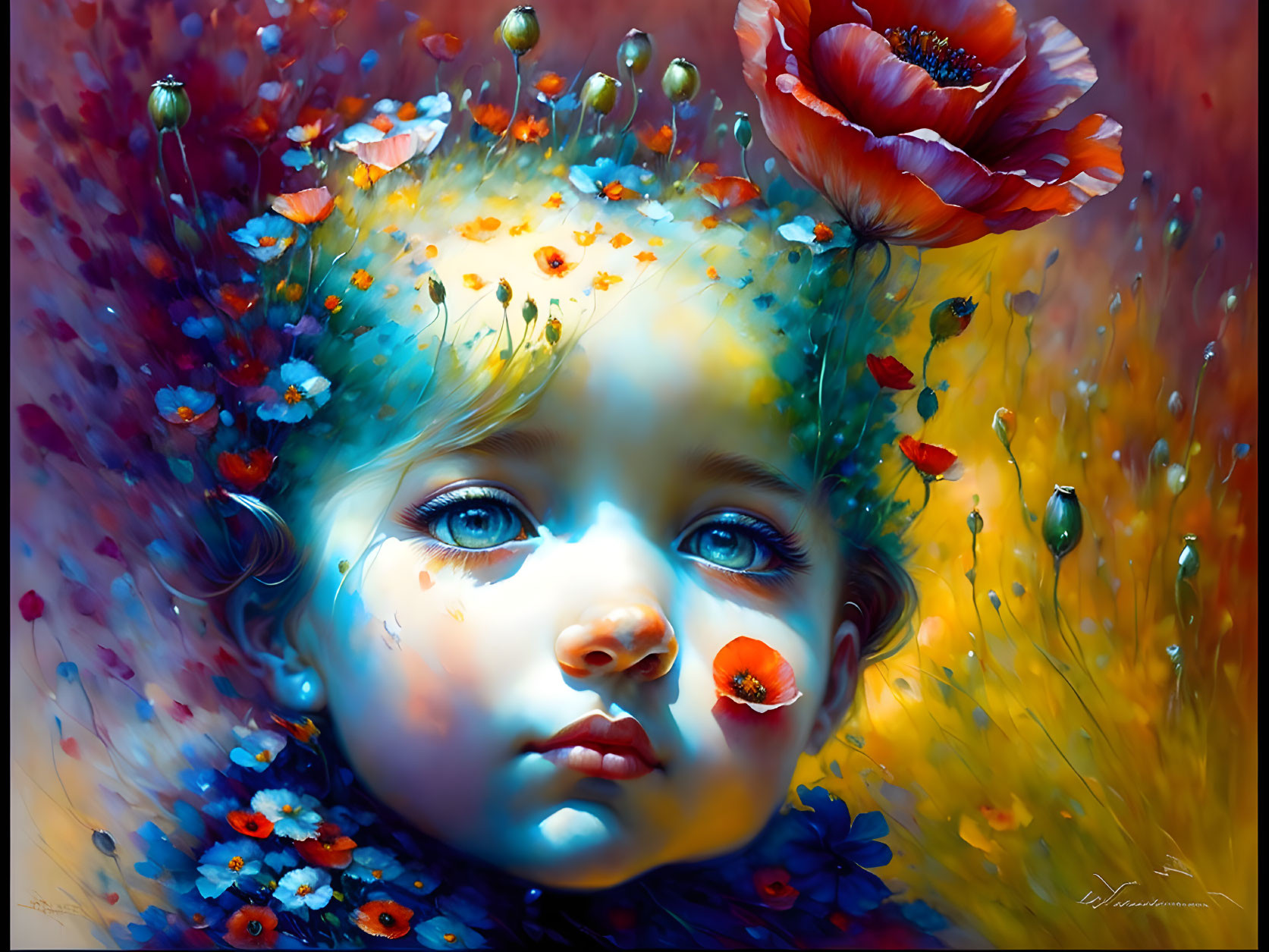 Colorful Child Portrait Among Vibrant Flowers