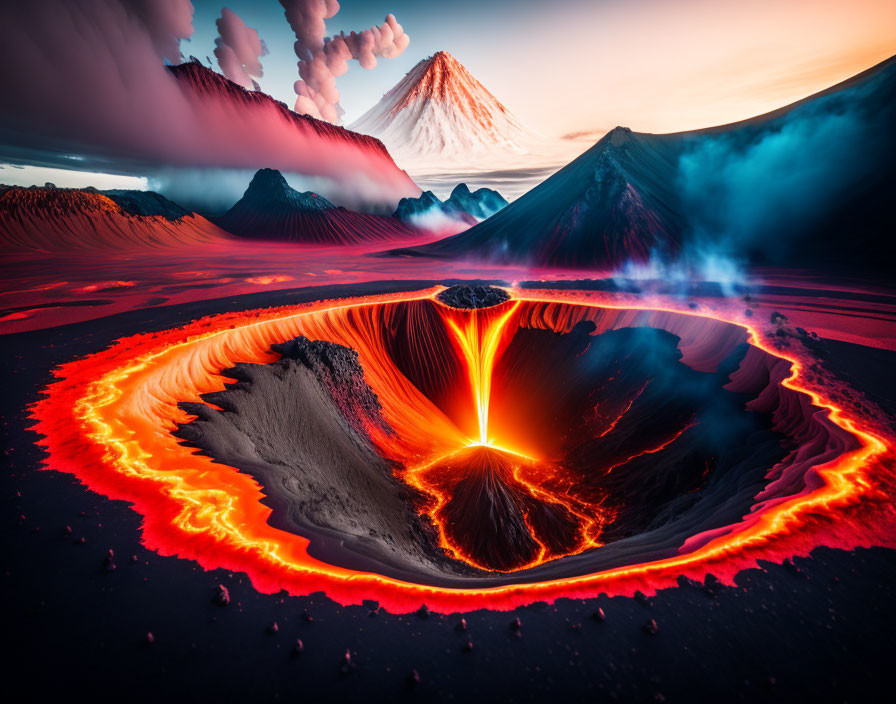 Dramatic volcanic eruption in mountainous landscape