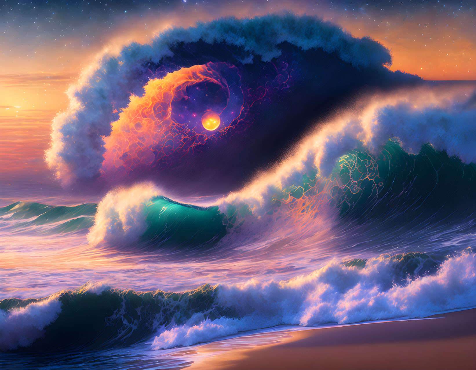 Surreal digital artwork: ocean wave, galaxy spiral, vibrant sunset