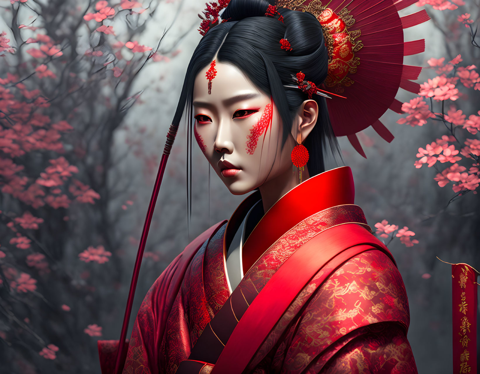 Traditional Japanese woman in elaborate attire surrounded by pink blossoms and red umbrella