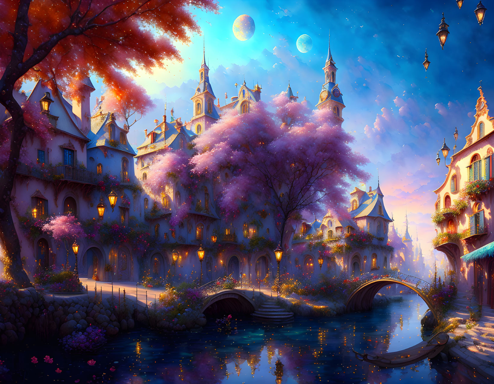 Fantasy village with cherry blossoms, ornate buildings, stone bridge, glowing lanterns & twin