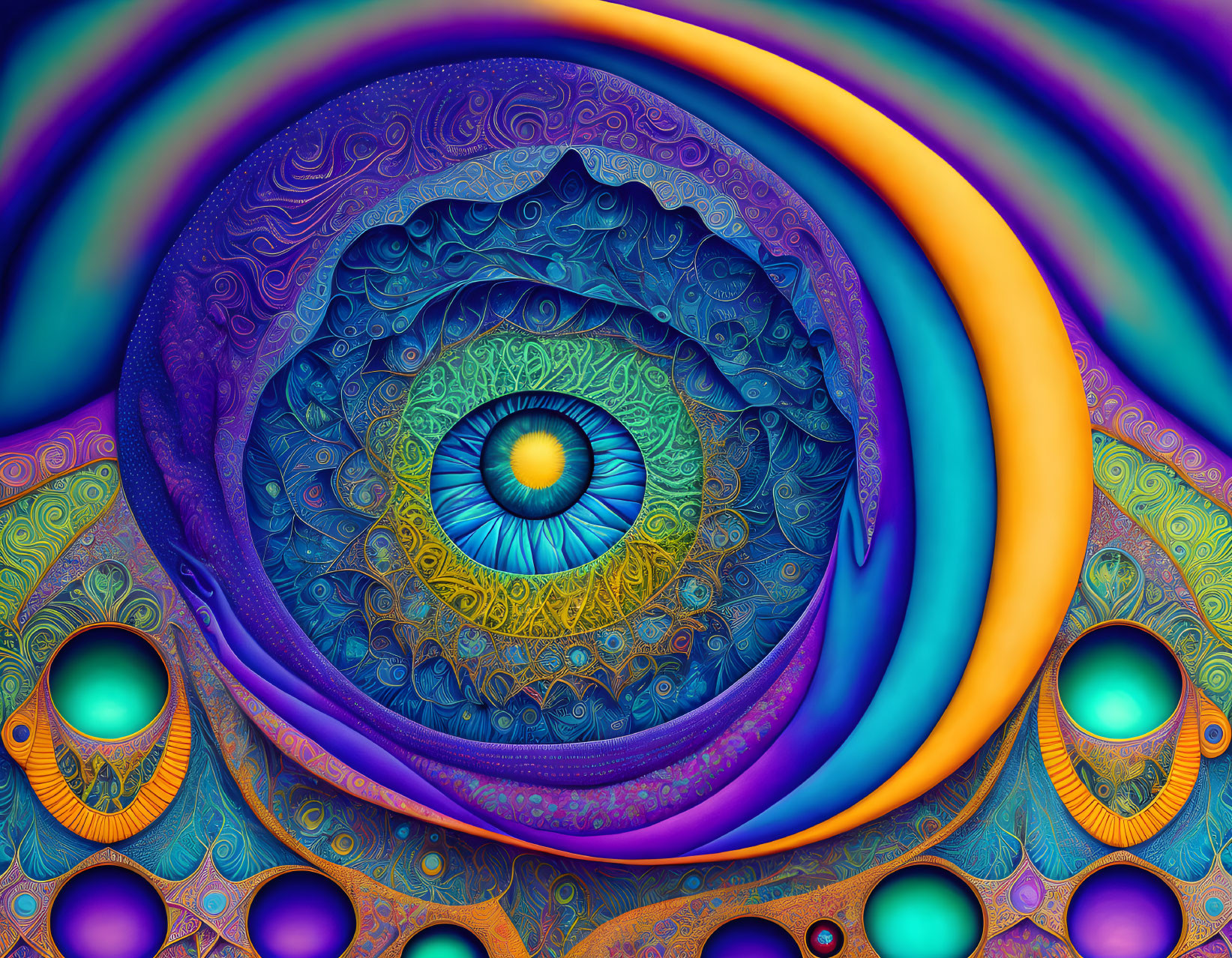 Colorful fractal art: vibrant eye illusion in psychedelic swirls