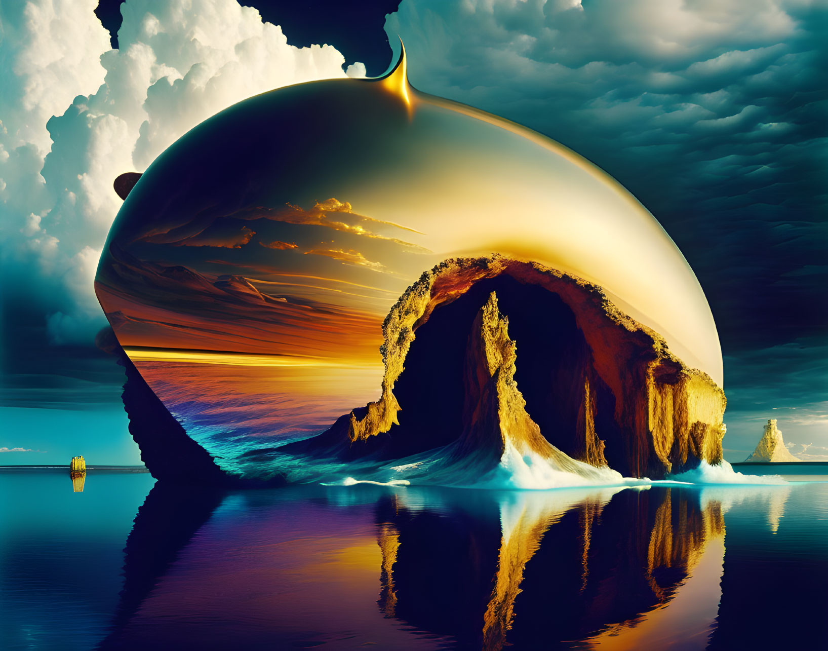 Surreal landscape with glossy sphere reflecting sunset above calm waters