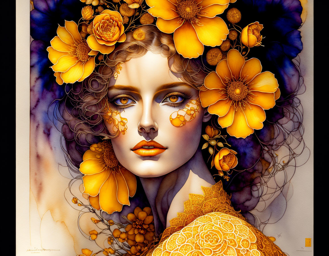 Colorful Woman Illustration with Floral and Golden Motifs