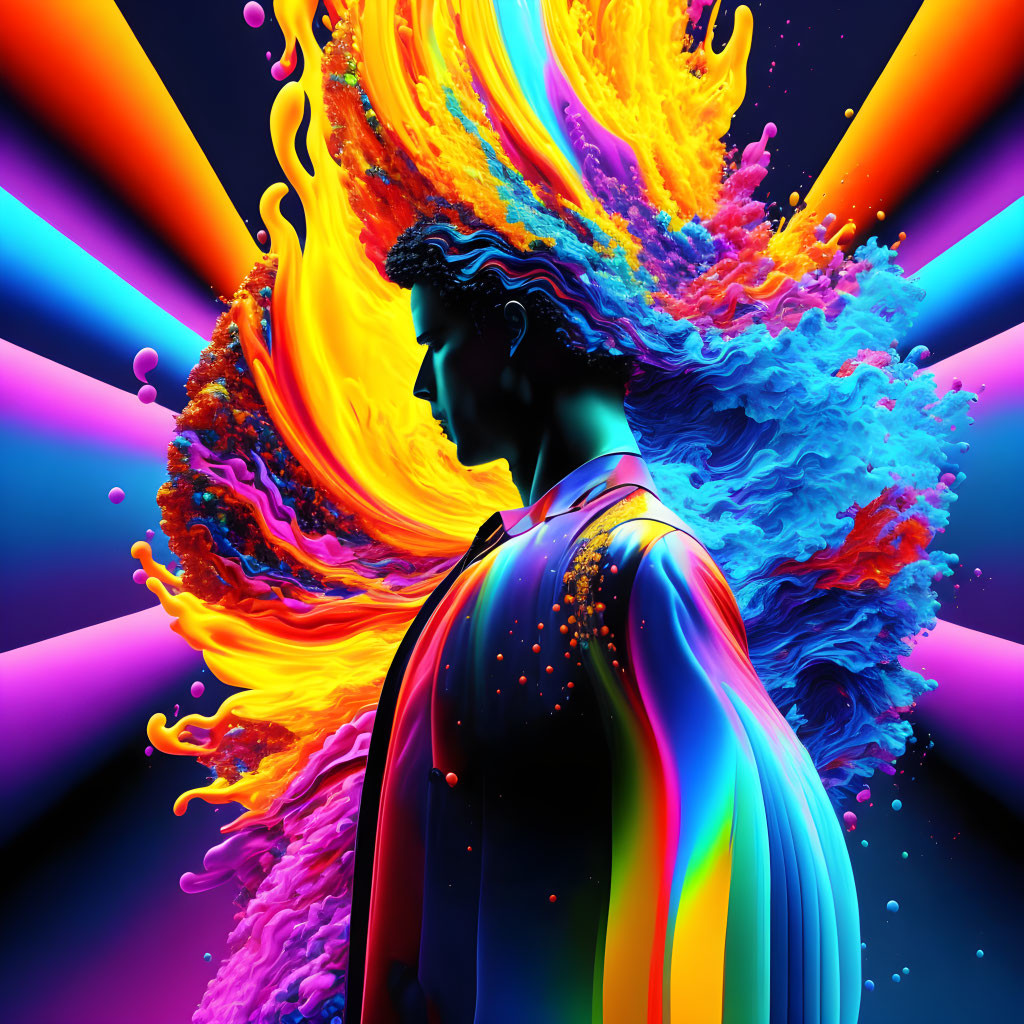 Colorful profile silhouette with liquid-like mane on dark background