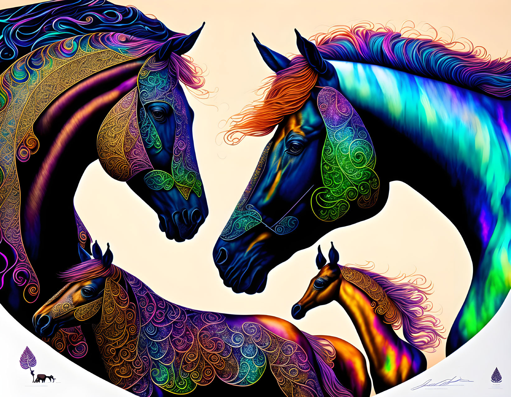 Colorful digital artwork: Four stylized horses with intricate patterns on warm backdrop