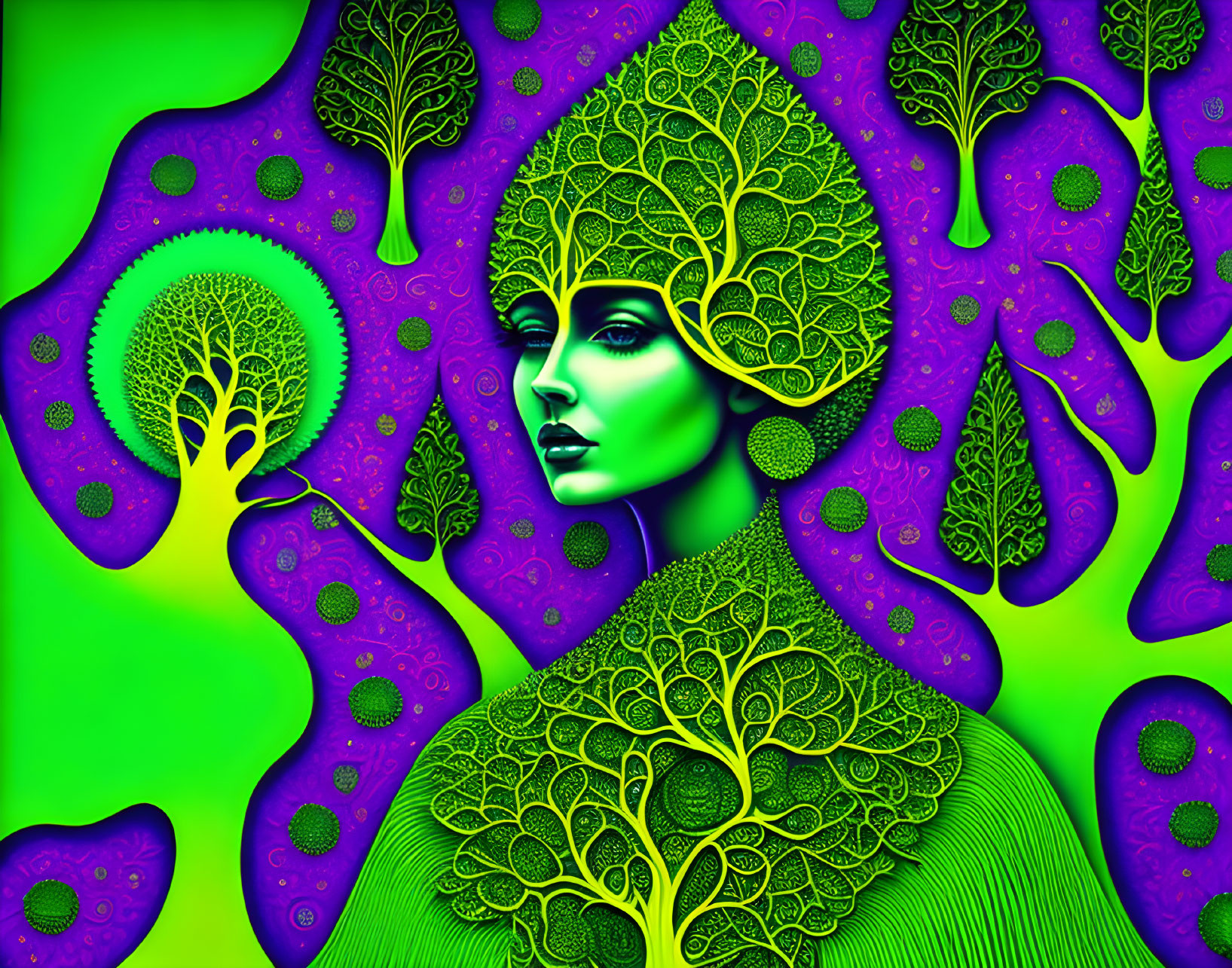 Female figure with tree patterns on green and purple background