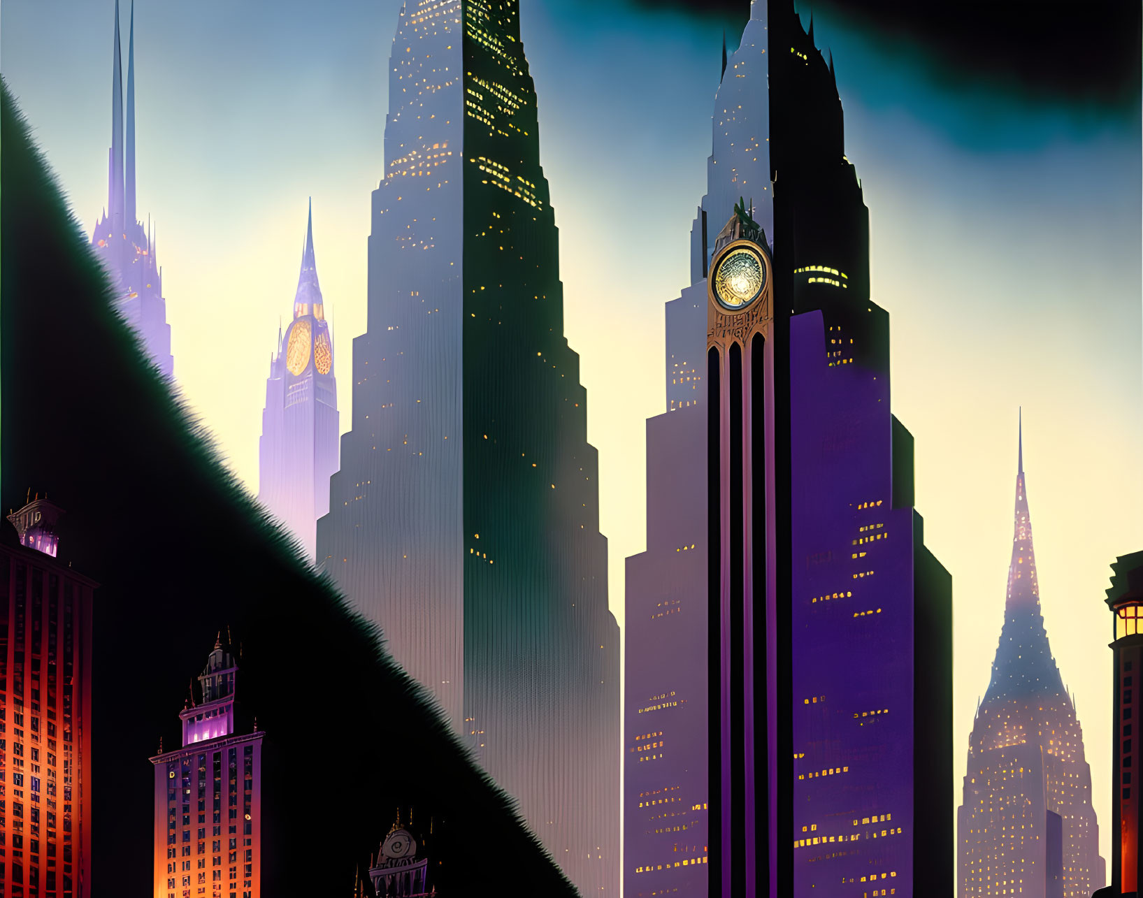 Futuristic cityscape illustration with Art Deco skyscrapers at dusk