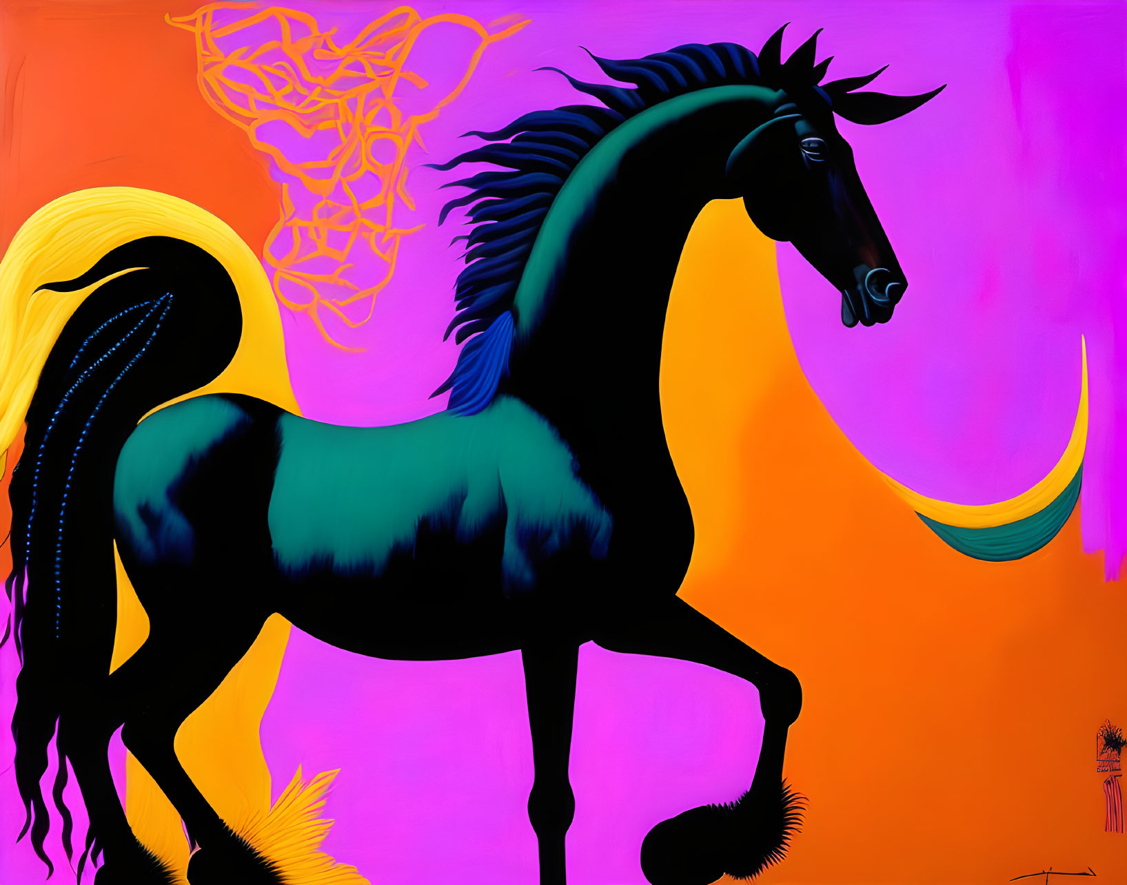 Stylized black horse painting with yellow mane on vibrant purple and orange background