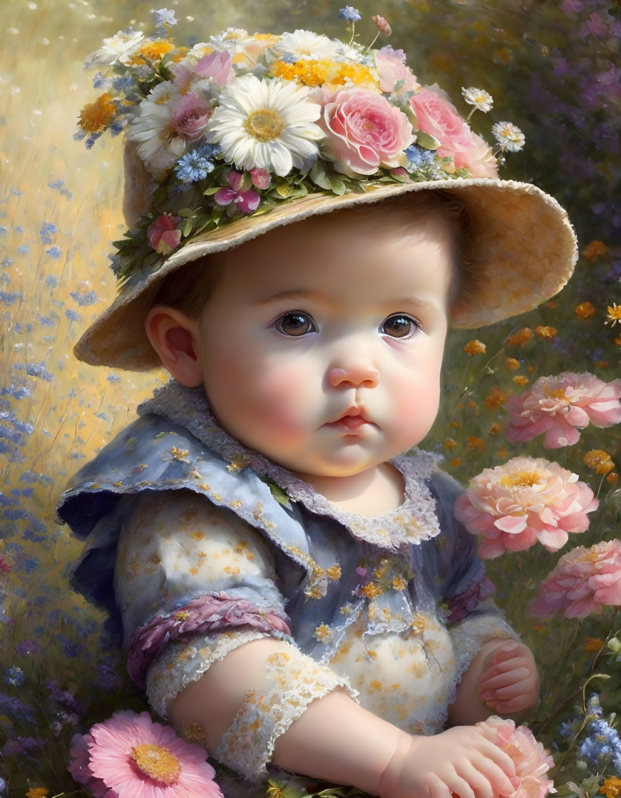 Cherubic baby in floral hat surrounded by flowers and sunlight