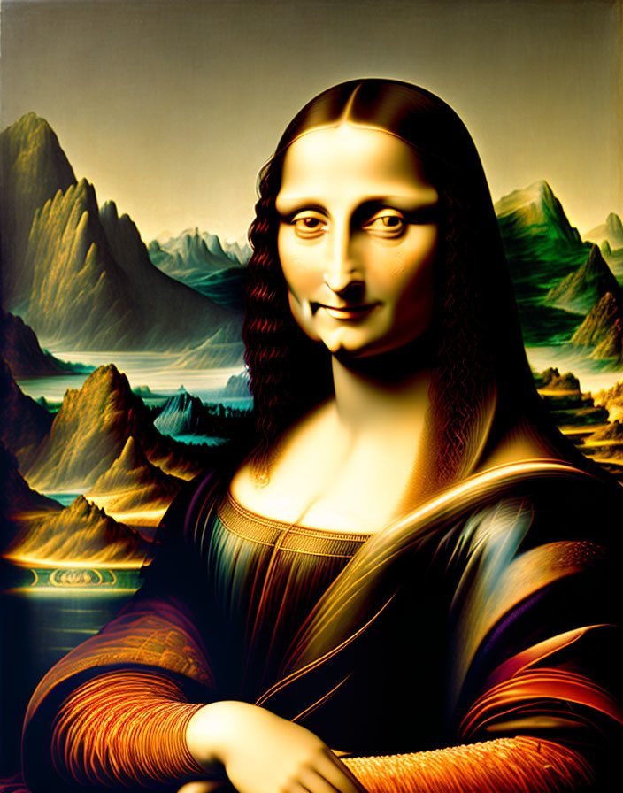 Digital artwork: Mona Lisa with exaggerated features in surreal colors