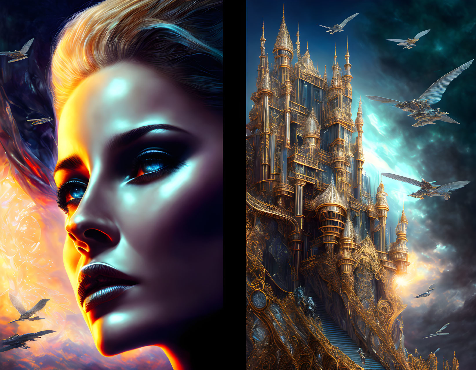 Split-image: Woman with glowing blue skin and fantastical castle with flying ships against fiery sky