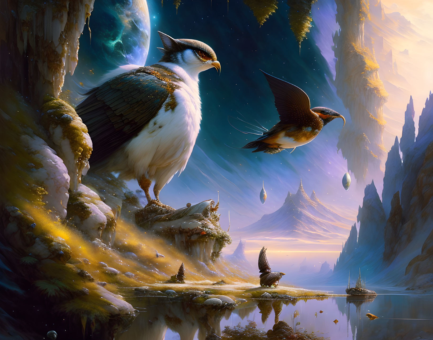 Fantastical Scene: Oversized Birds, Floating Islands, Serene Lake