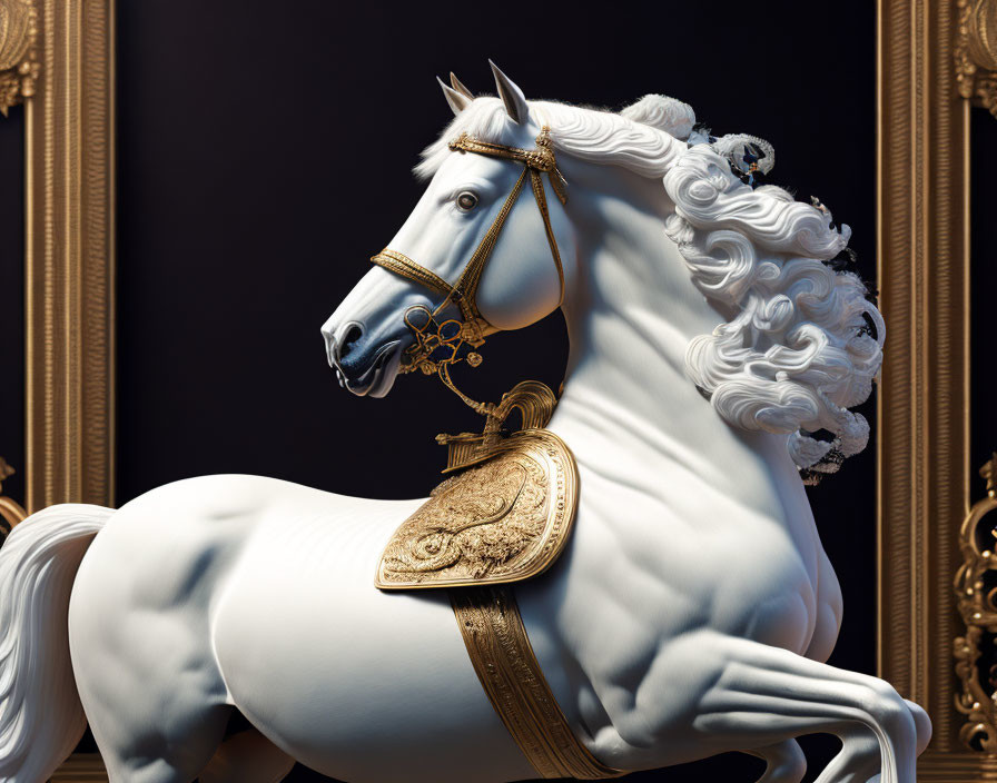 Detailed White Horse Sculpture with Golden Bridle and Saddle on Dark Background