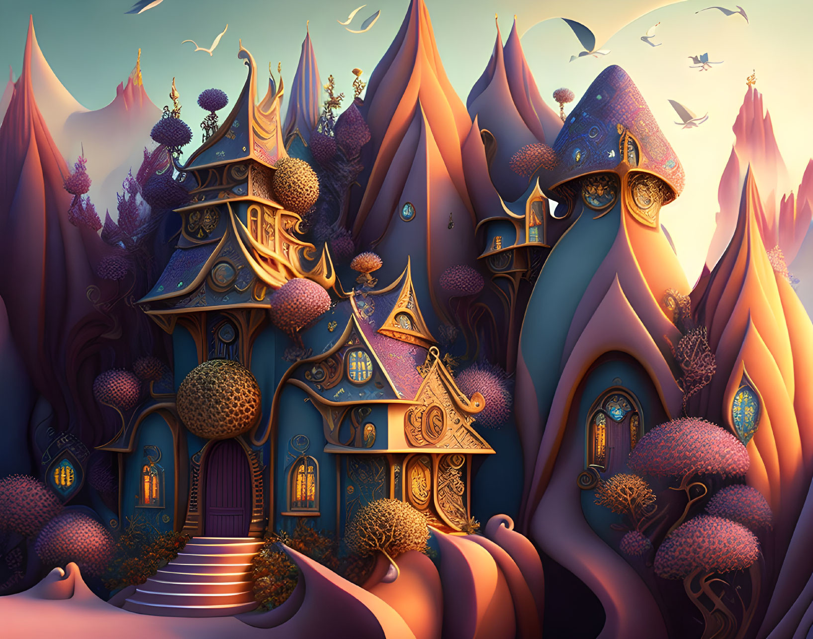 Whimsical mushroom houses in colorful fantasy landscape