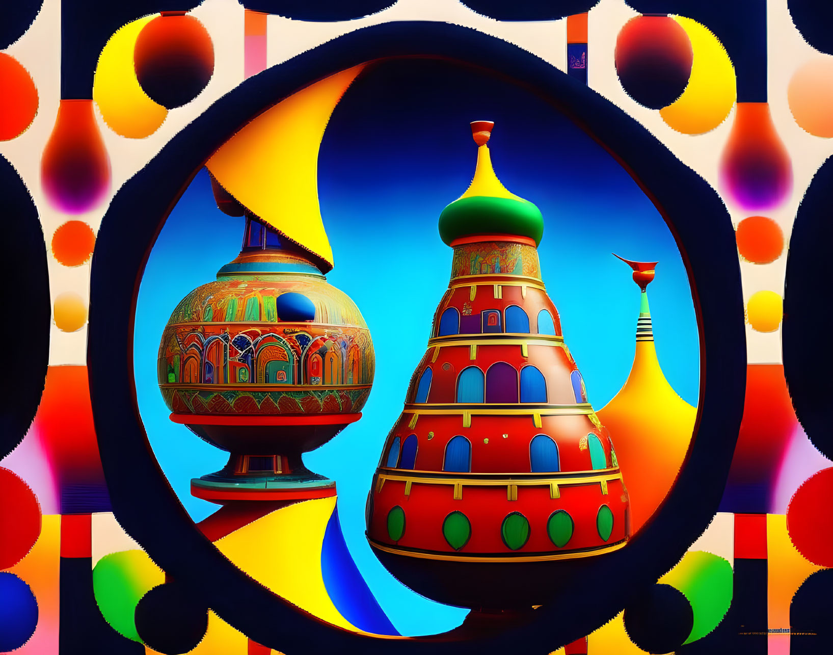 Colorful Abstract Art: Ornate Onion-Domed Structures in Russian Architecture Theme