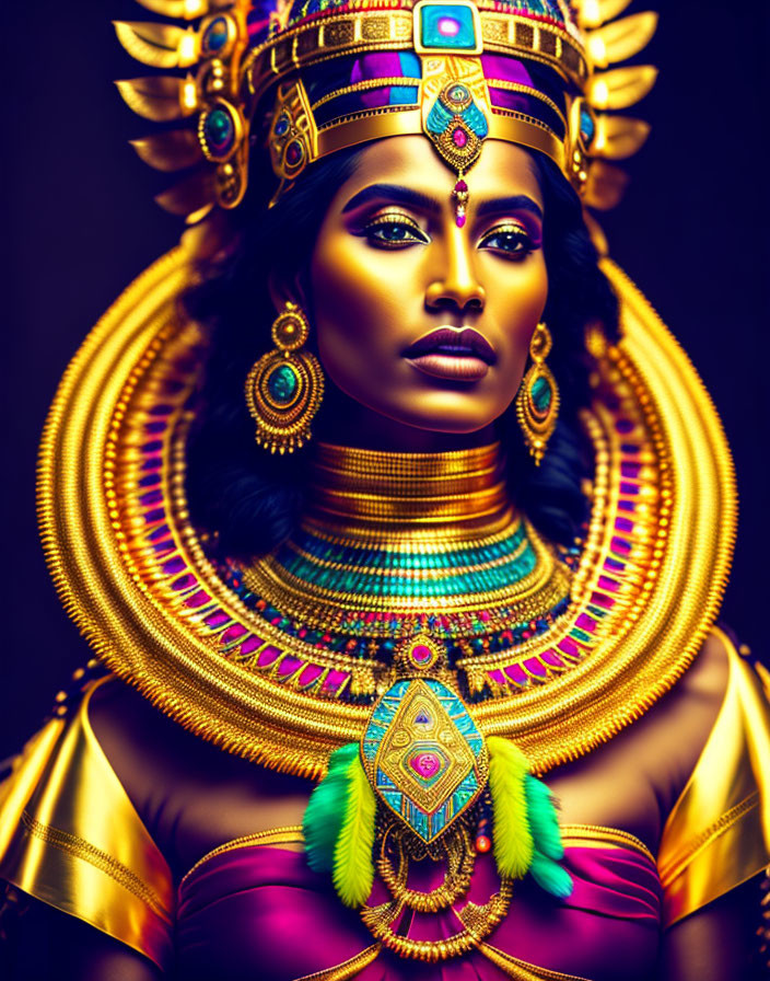 Elaborate Golden Headgear and Jewelry with Vibrant Colors and Feathers