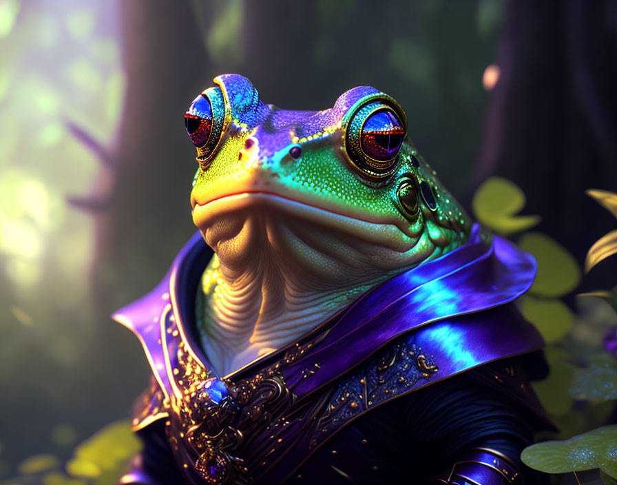 Detailed Illustration of Regal Frog in Purple Robe in Mystical Forest