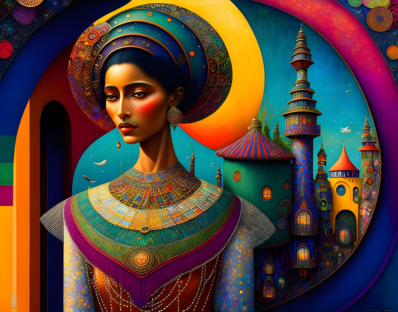 Vibrant digital artwork: Woman in ornate attire with moons and towers.