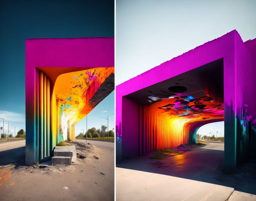 Colorful Architectural Structure with Purple Exterior and Psychedelic Mural