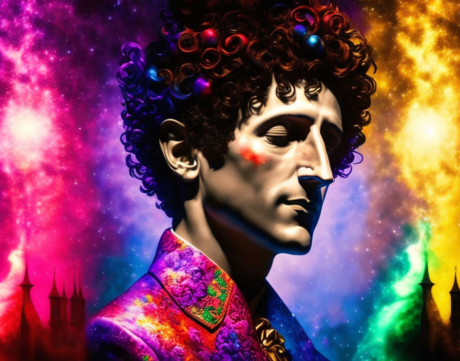 Colorful digital portrait of male figure with curly hair in nebula background.