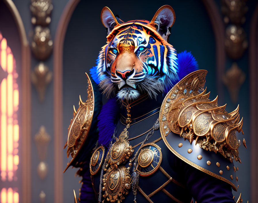 Anthropomorphic tiger in gold-trimmed armor with regal cloak against palace backdrop