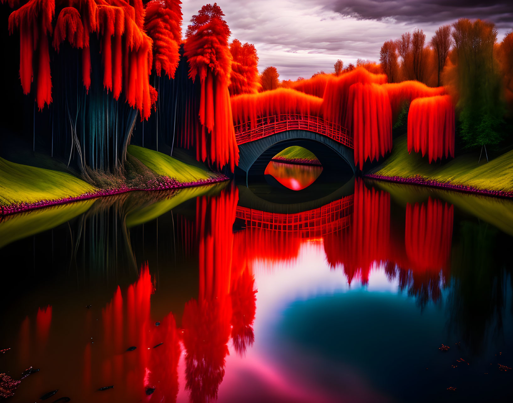 Surreal landscape with arched bridge, vibrant trees, and calm river