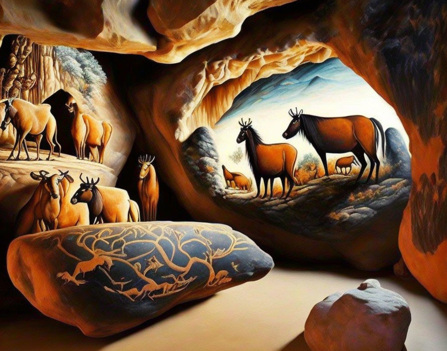 Surreal cave-painting style image: Antelope-like animals on rocky terrain