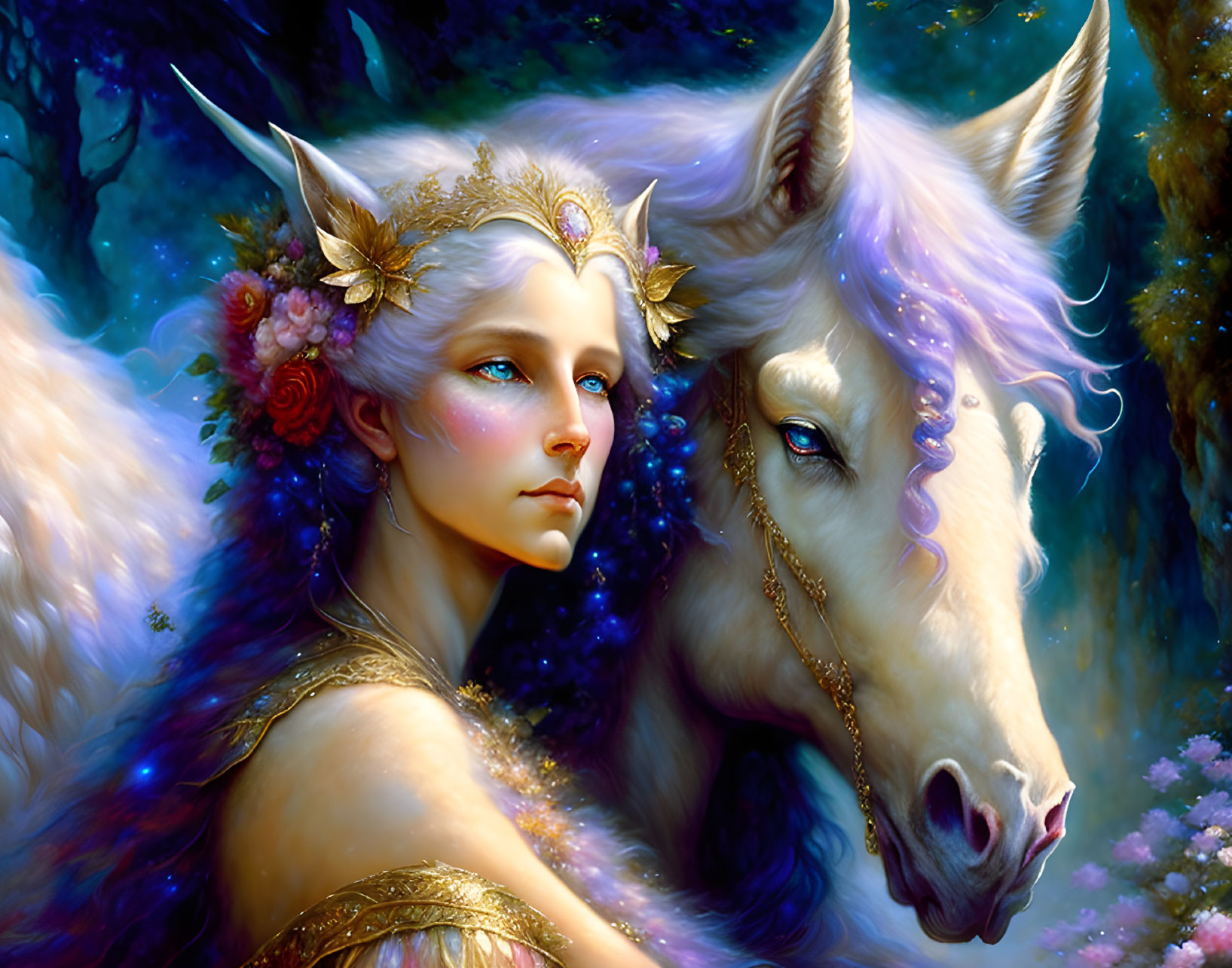 Fantasy illustration: woman with elfin features and unicorn in mystical forest