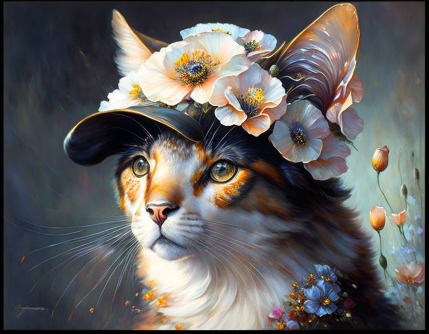 Cat Painting with Amber Eyes and Floral Hat on Dark Background