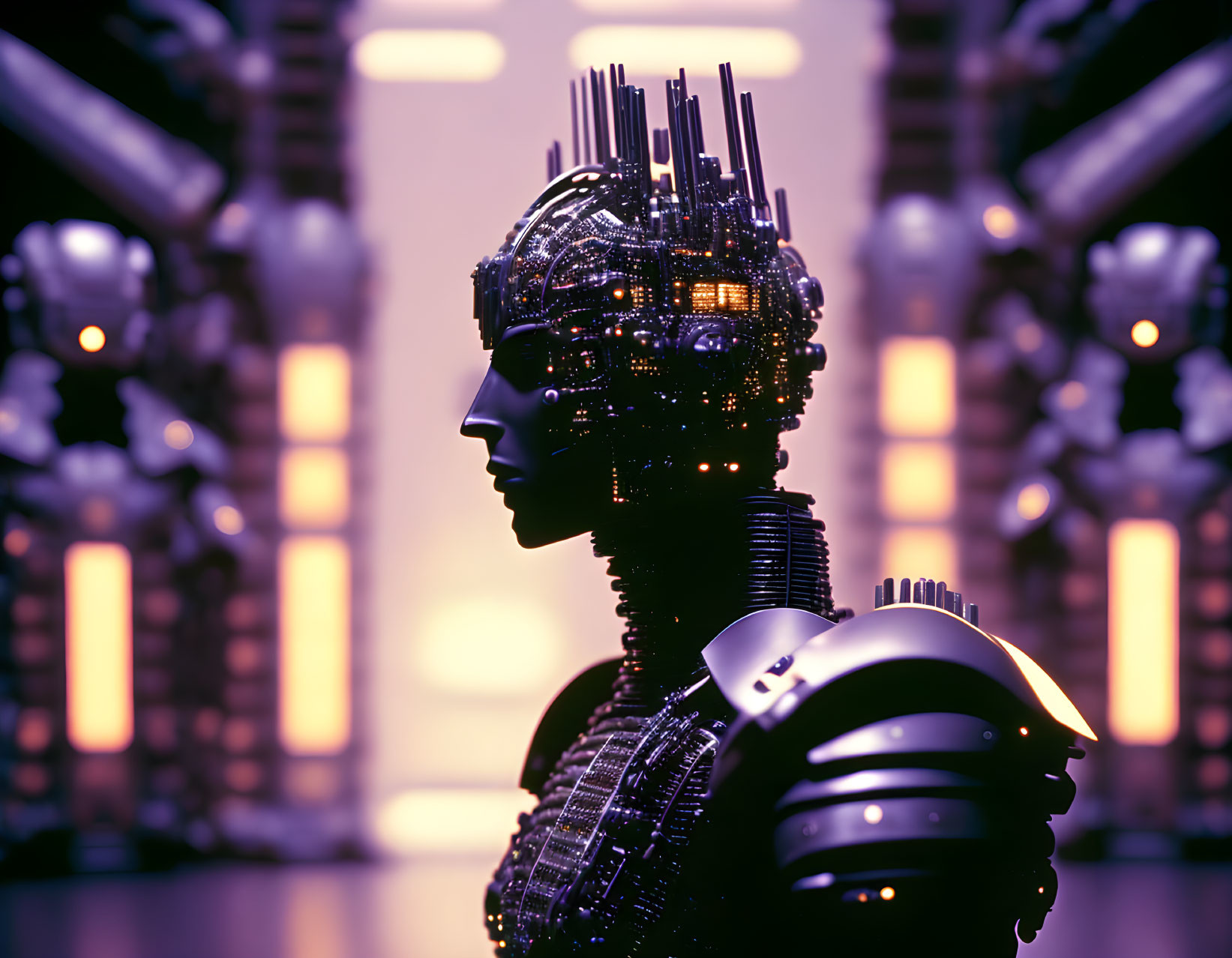 Detailed futuristic robotic head against illuminated servers