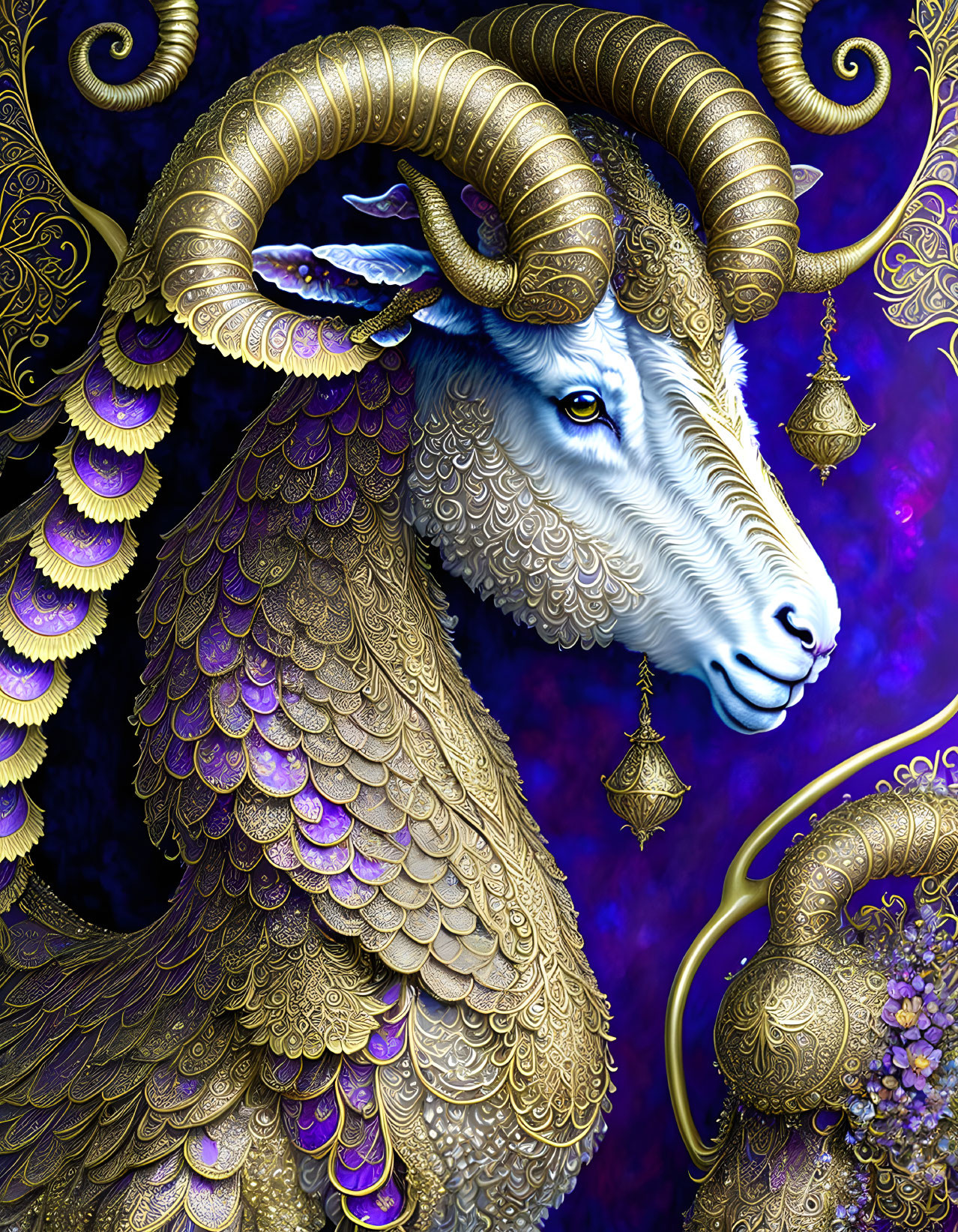 Detailed Illustration of Fantastical Ram with Golden Horns and Jeweled Scales