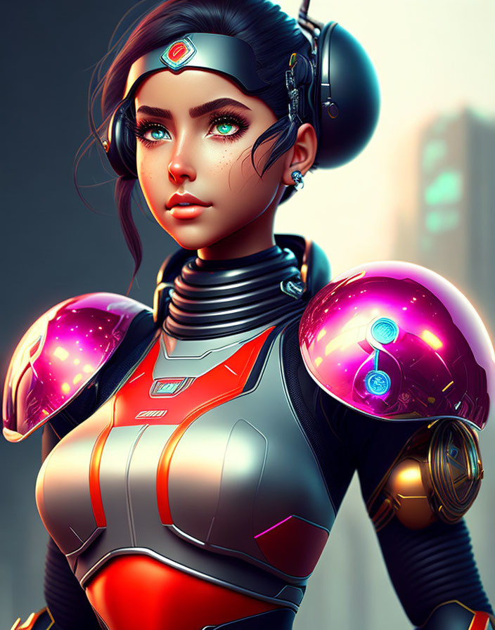 Futuristic female character in glowing armor with spherical shoulder pads and large headphones in urban setting