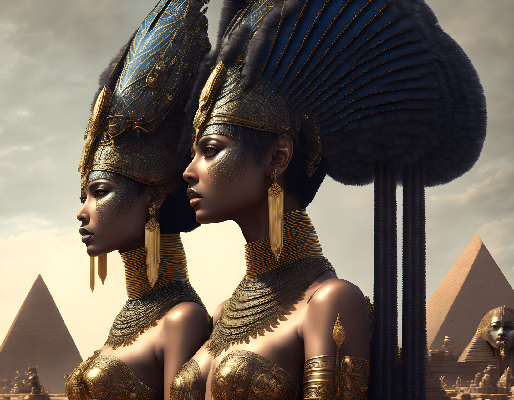 Regal individuals in Egyptian attire with pyramids background