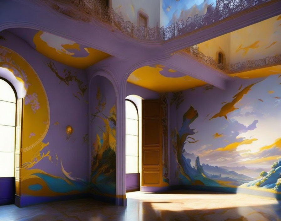 Surreal room with painted landscape walls and arched windows