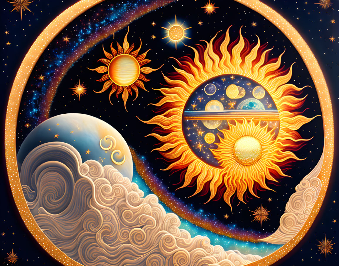 Symmetrical celestial bodies artwork with sun, moon, stars, waves