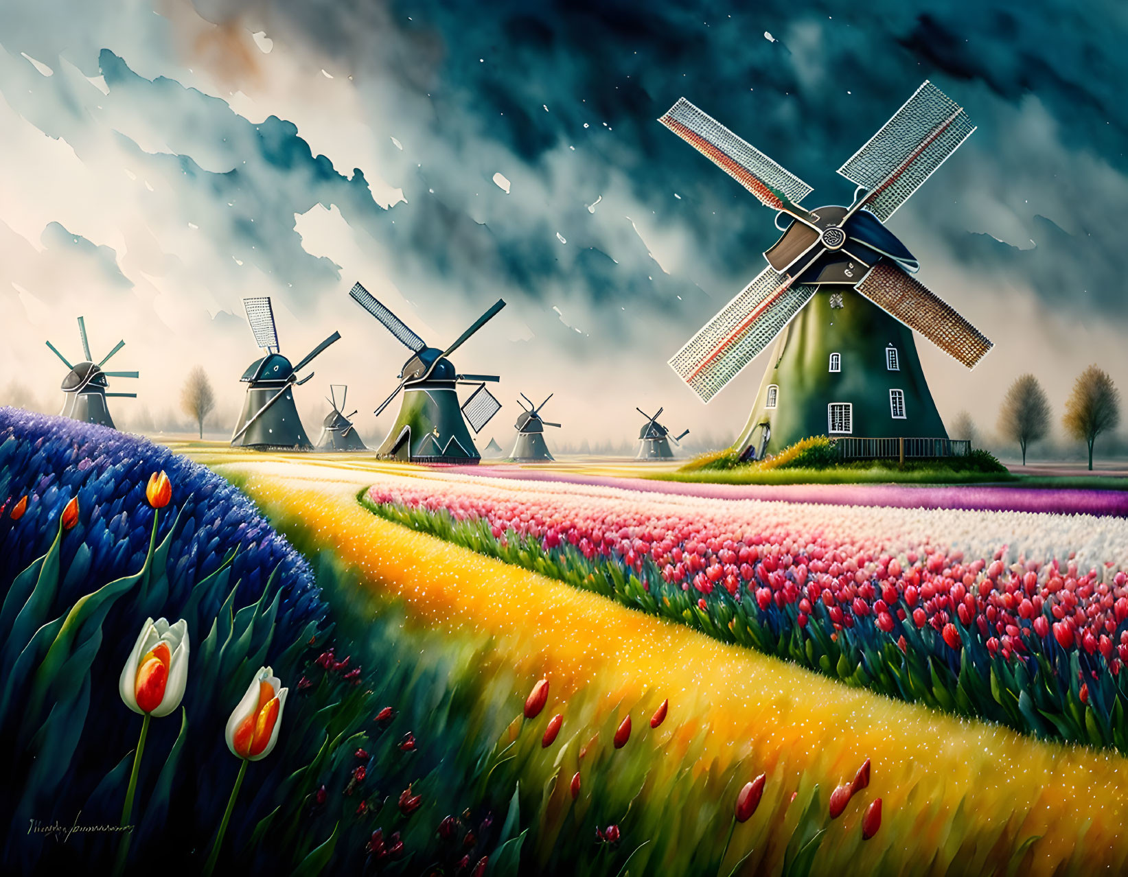 Traditional Dutch windmills in colorful tulip fields under dramatic sky