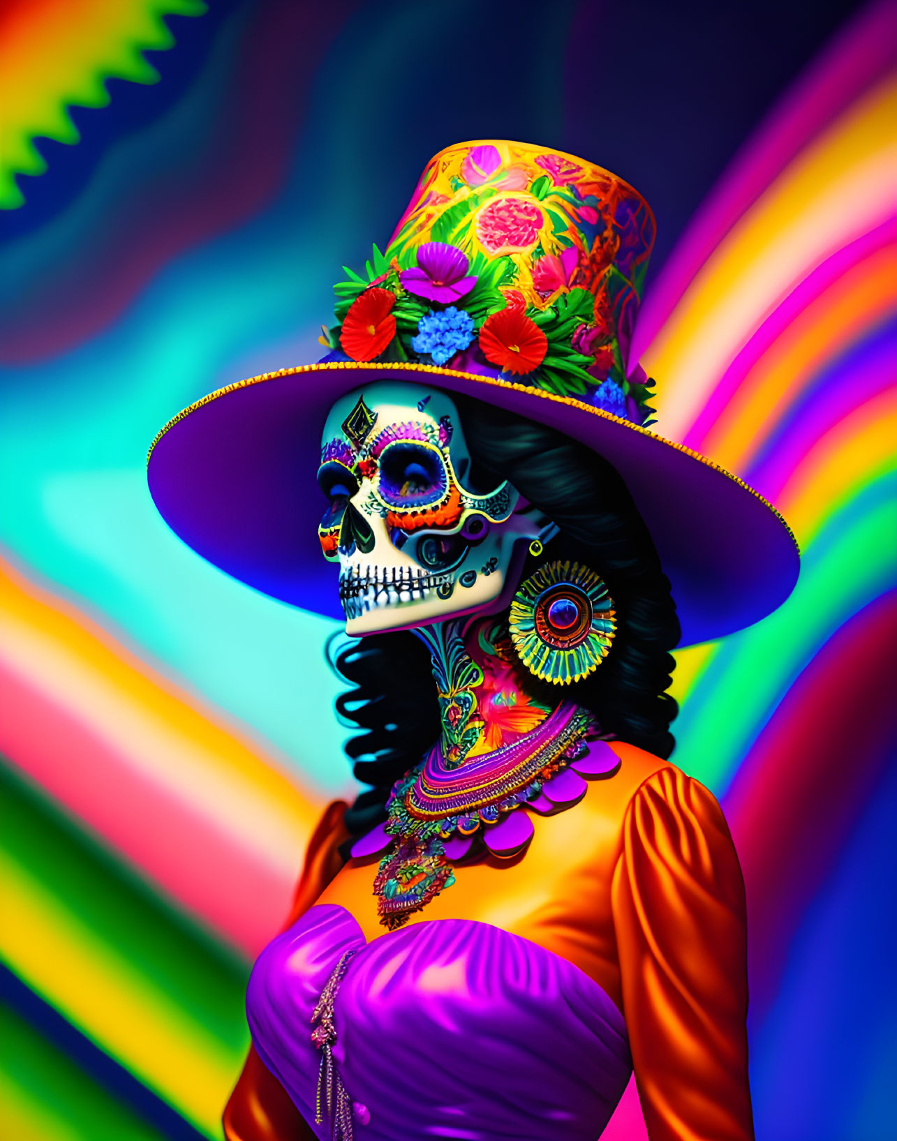 Vibrant Day of the Dead skull face illustration in colorful attire