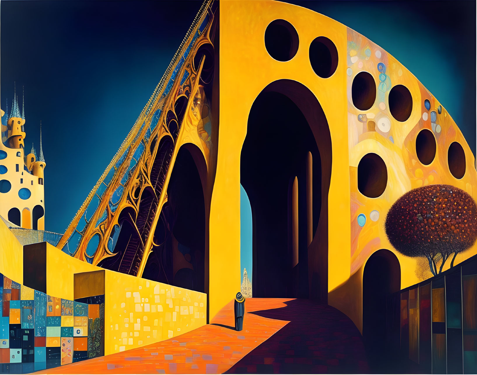 Surreal landscape with golden bridge, whimsical buildings, and solitary figure