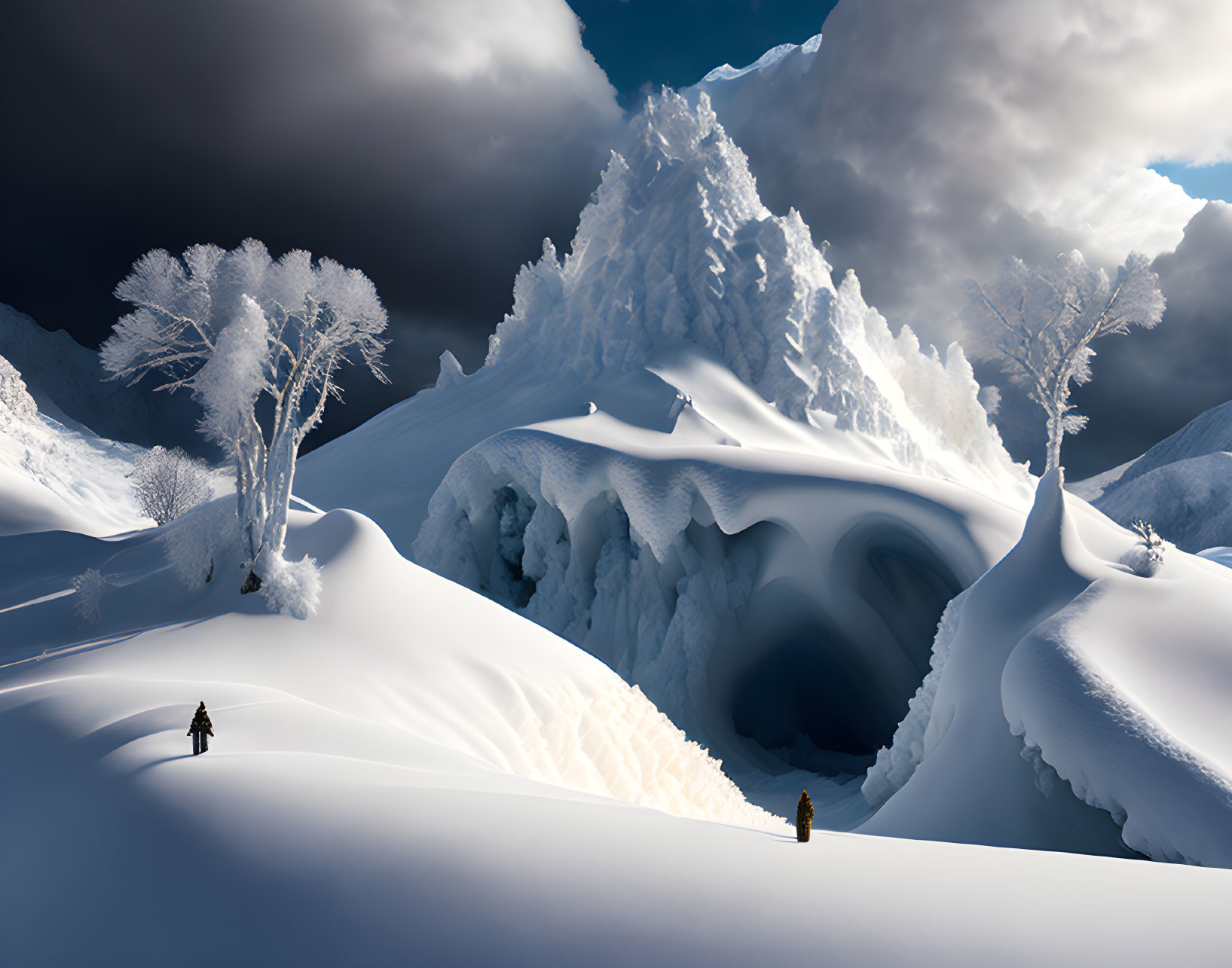 Snow-covered landscape with figures trekking through drifts near icy formations and leafless trees under a cloudy