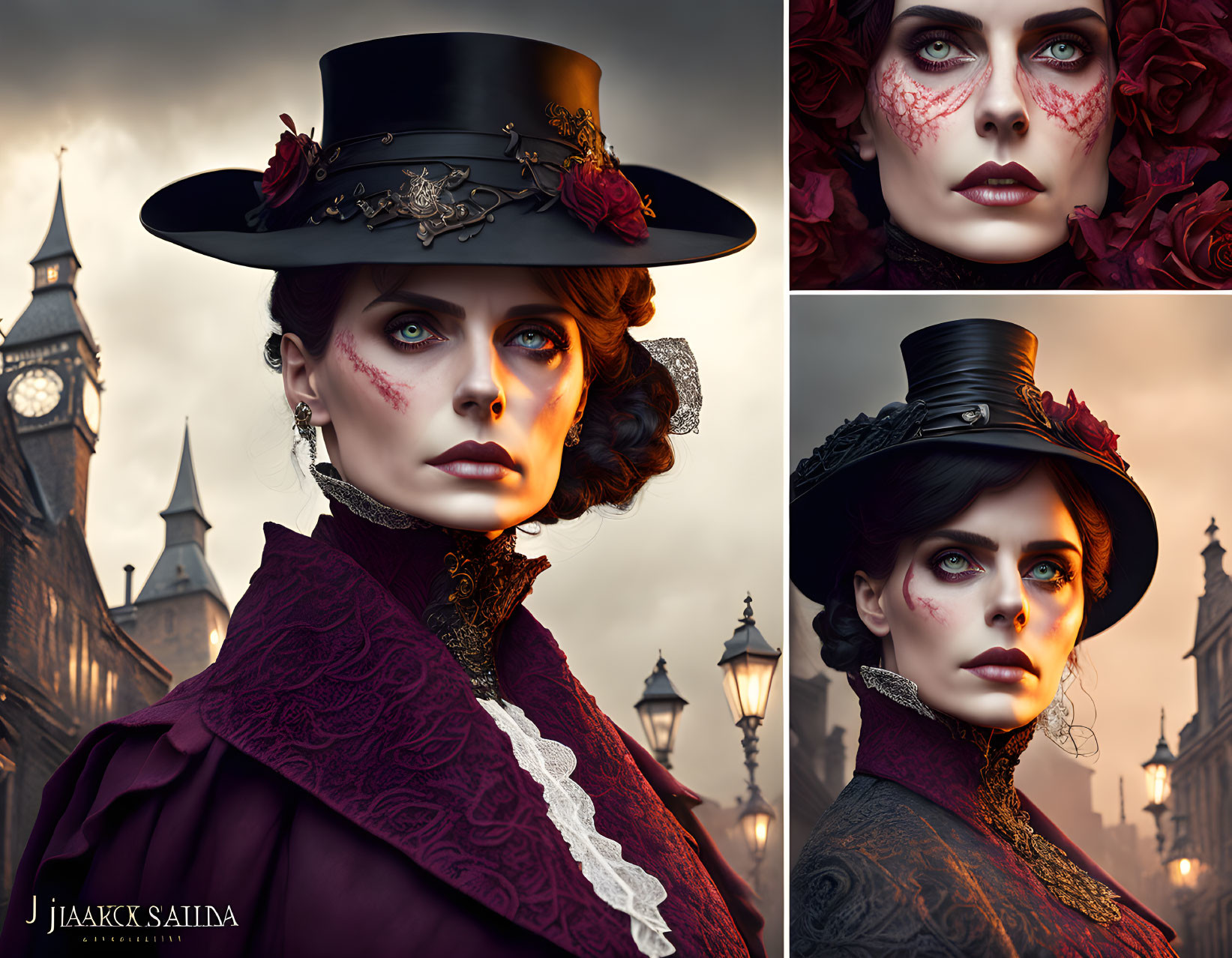 Victorian-inspired woman triptych with top hat and dramatic makeup