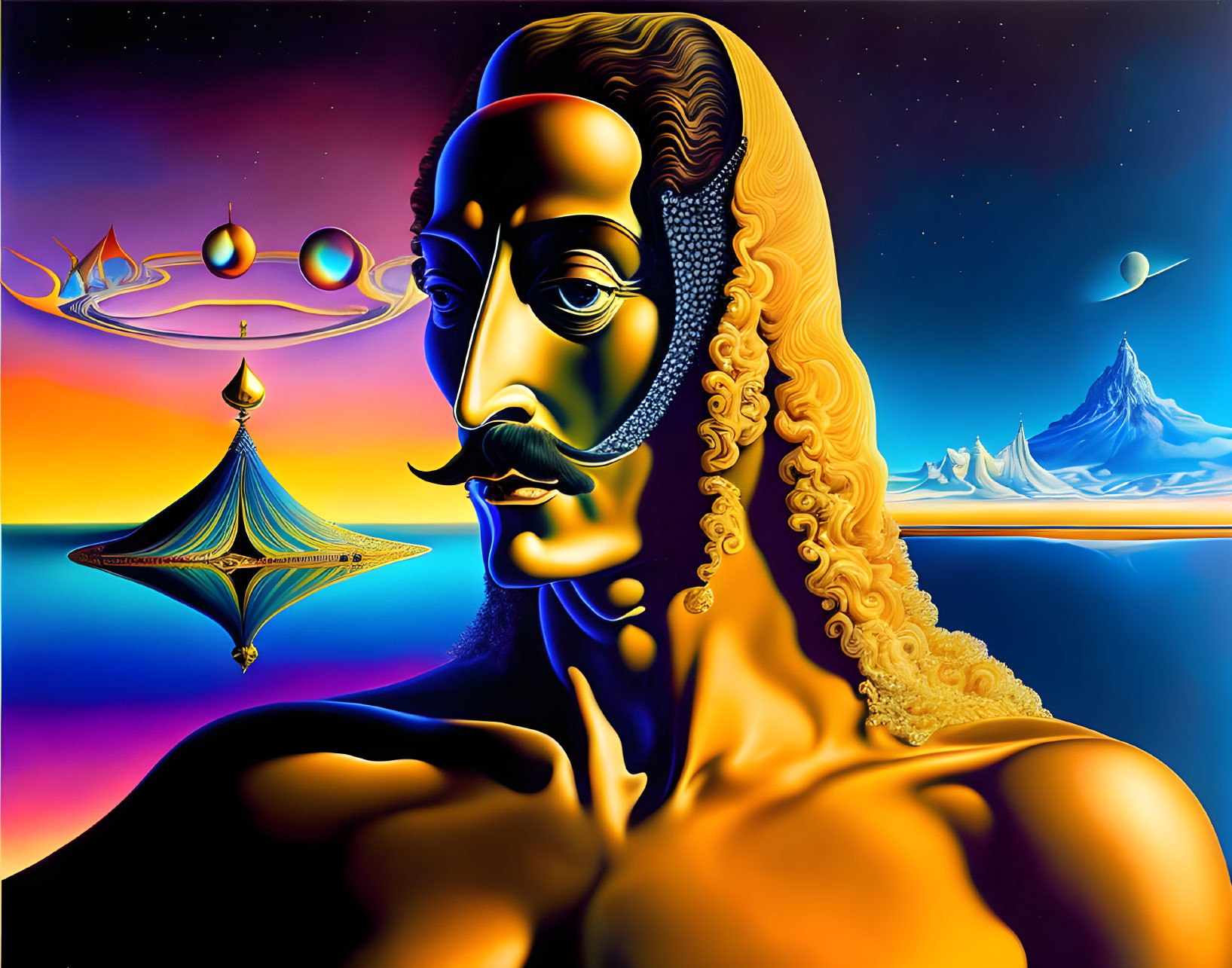 Surrealist golden figure with planets, spacecraft, and mountain backdrop