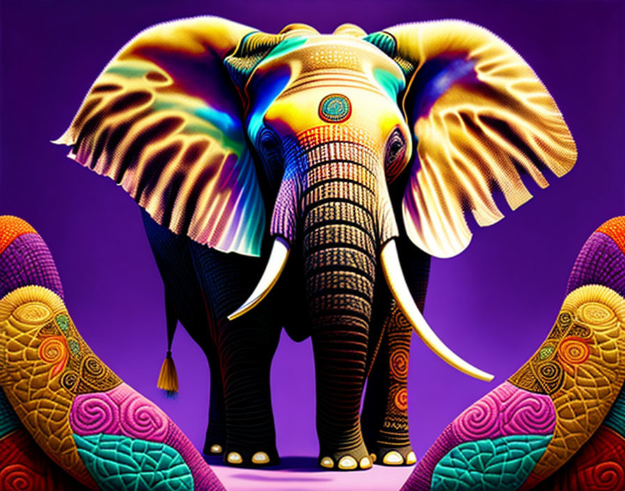 Colorful Elephant Artwork with Decorative Patterns on Purple Background