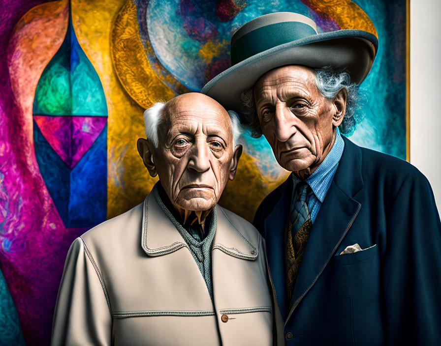 Elderly gentlemen in suits and hats with abstract painting