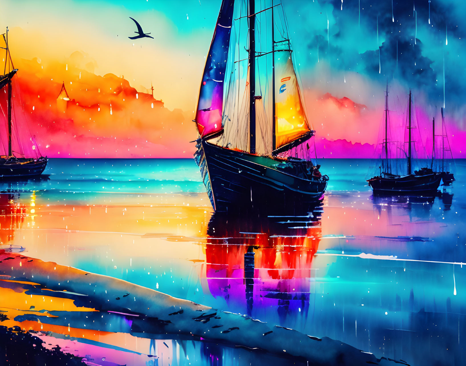 Colorful sunset sailboat scene with silhouettes of boats and bird