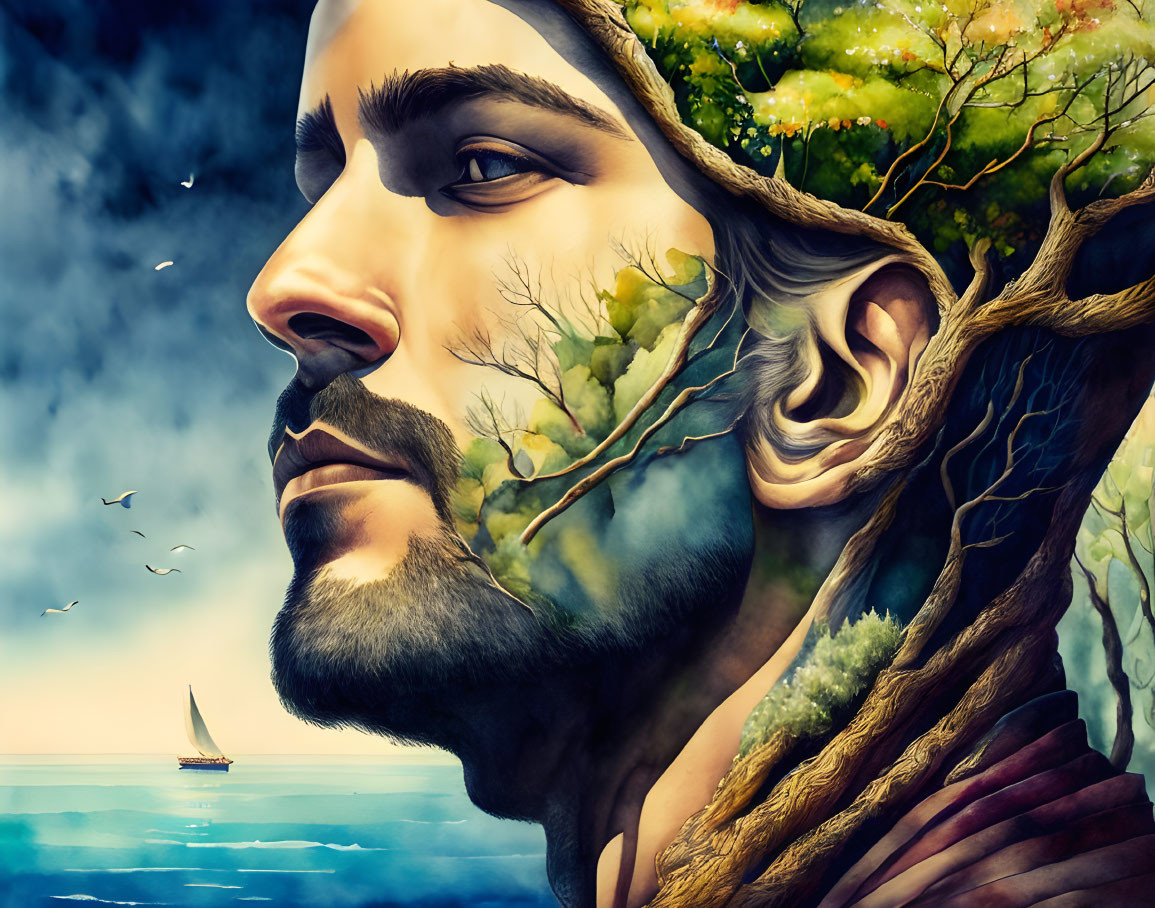 Man's face merges with a tree overlooking serene ocean, sailboat, birds, cloudy sky
