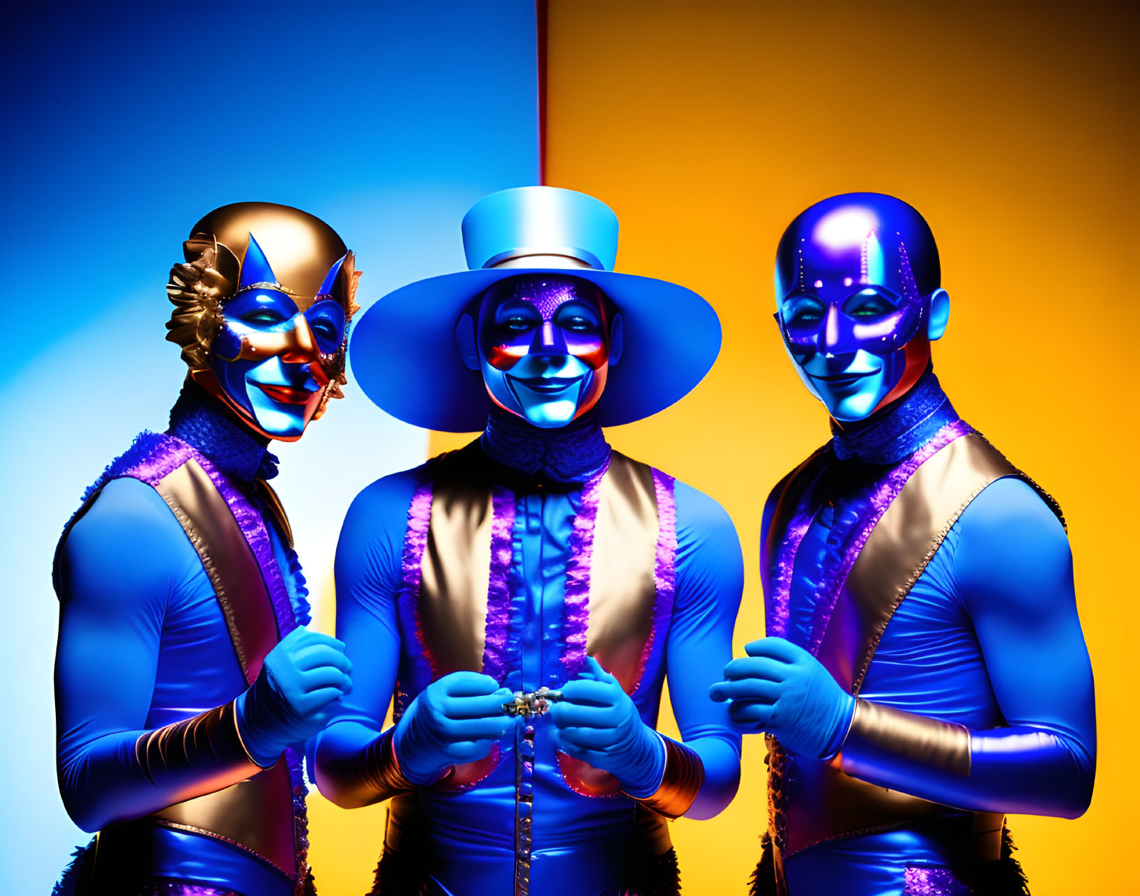 Three People in Blue Face Paint and Costumes on Split Yellow-Blue Background