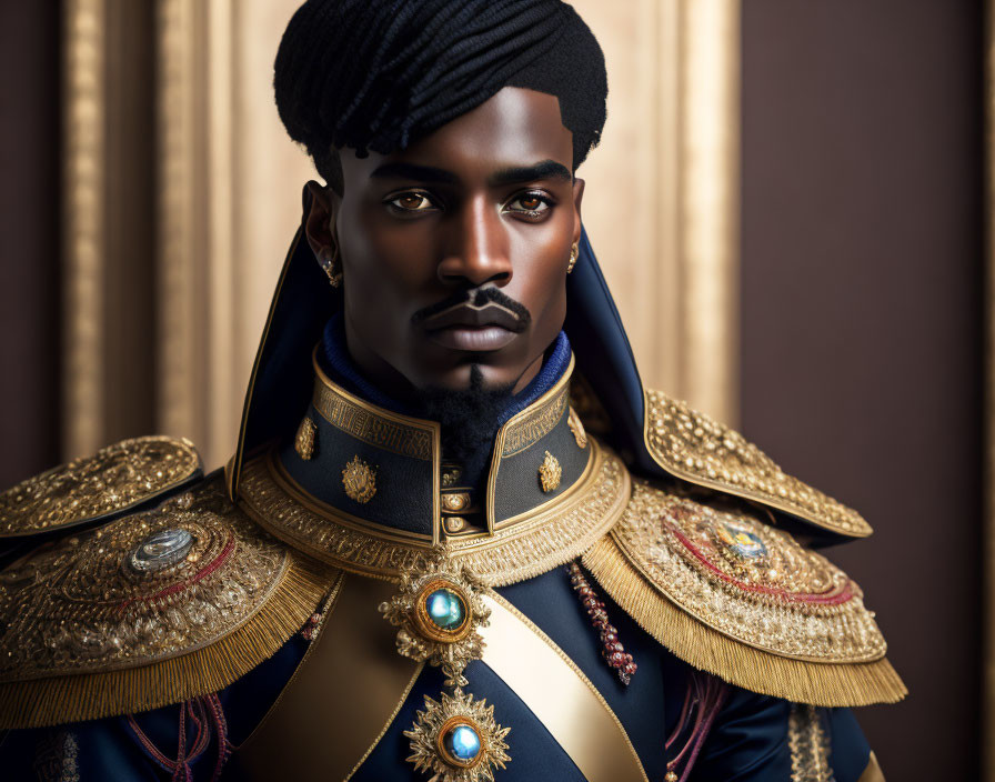 Regal man in ornate military uniform with golden epaulettes